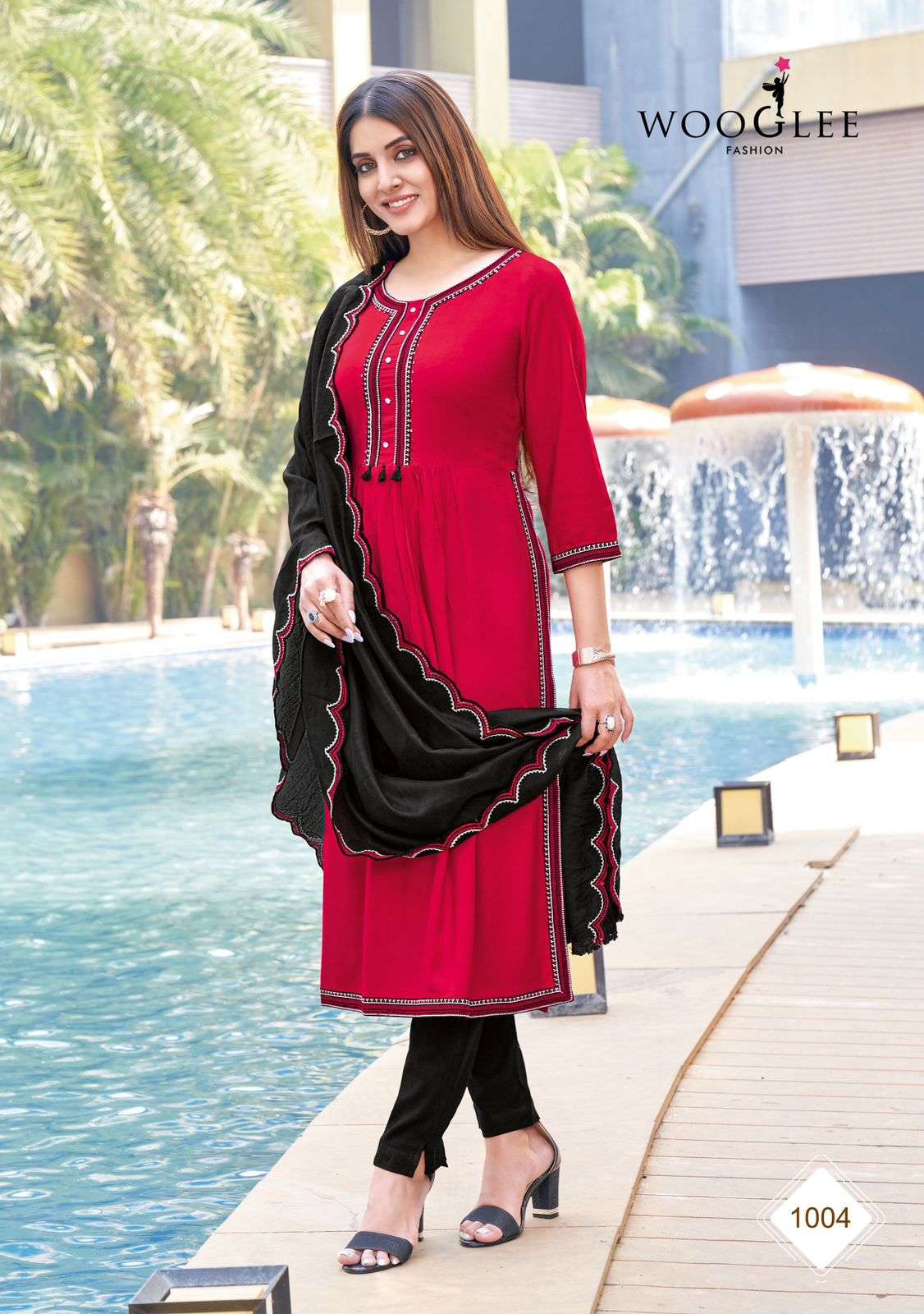 CORAL RAYON WEAVING KURTI WITH COTTON LYCRA PANT AND CHANDERI DUPATTA WITH WORK BY WOOGLEE BRAND 1004